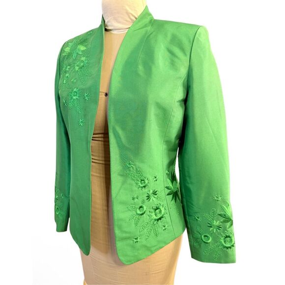 Peck & Peck  Collection Emerald Green 100% Silk Embroidered Blazer Vintage Sz. 6 - Picture 3 of 9